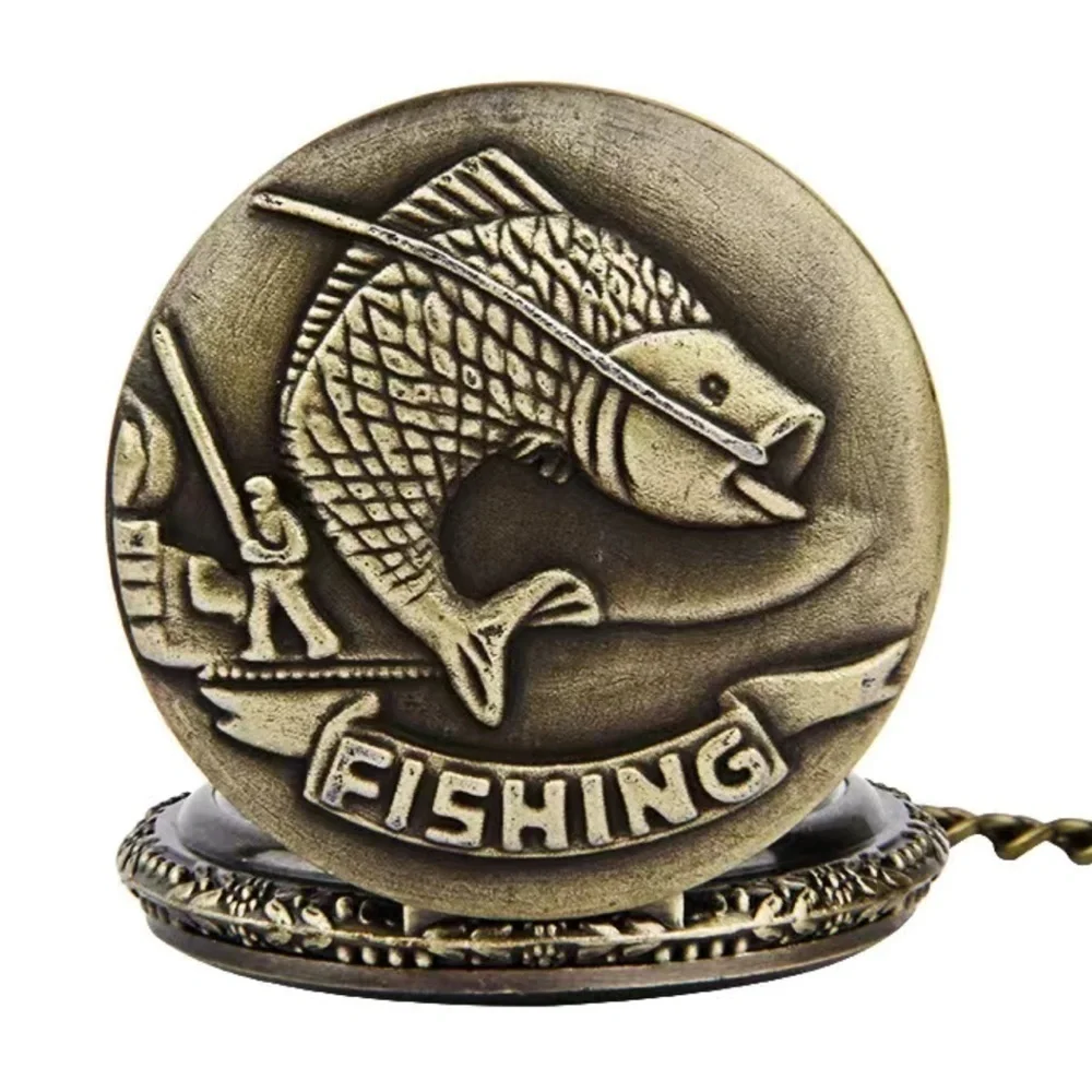 Pocket Chain Watch Fishing Theme Sportsperson Bronze Steampunk Retro Style Gift